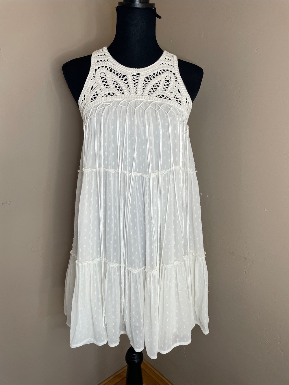 Zara Women’s Cream Crochet Yoke Dress, Small